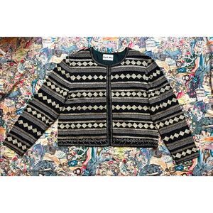 Vintage 1980s Black Gold Beaded Harlequin Deco Pattern Sz M Cardigan Jacket